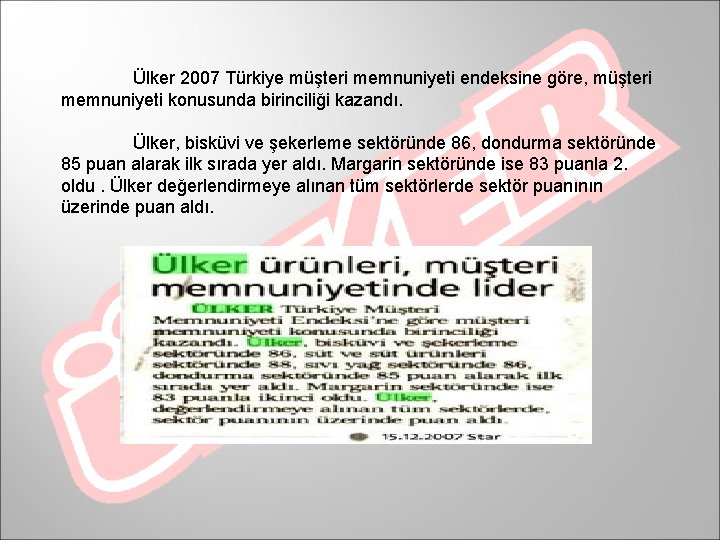 Ülker 2007 Türkiye müşteri memnuniyeti endeksine göre, müşteri memnuniyeti konusunda birinciliği kazandı. Ülker, bisküvi