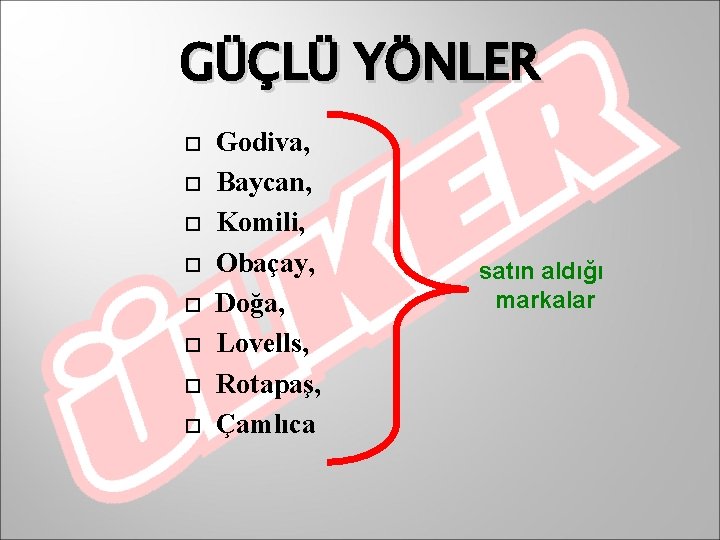 GÜÇLÜ YÖNLER Godiva, Baycan, Komili, Obaçay, Doğa, Lovells, Rotapaş, Çamlıca satın aldığı markalar 