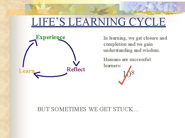 LIFE’S LEARNING CYCLE Experience Learn In learning, we get closure and completion and we LIFE’S LEARNING CYCLE Experience Learn In learning, we get closure and completion and we