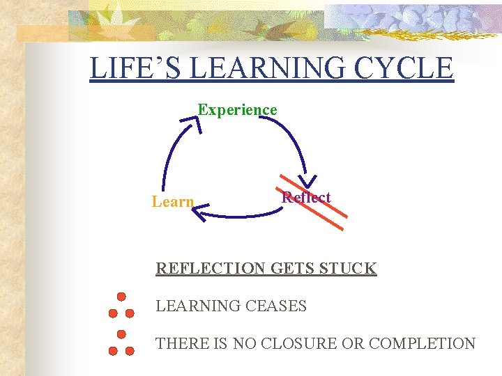 LIFE’S LEARNING CYCLE Experience Learn Reflect REFLECTION GETS STUCK LEARNING CEASES THERE IS NO LIFE’S LEARNING CYCLE Experience Learn Reflect REFLECTION GETS STUCK LEARNING CEASES THERE IS NO