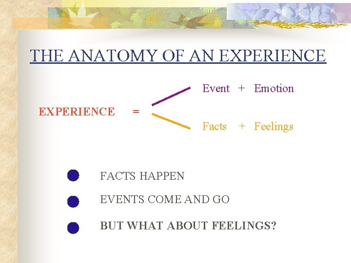 THE ANATOMY OF AN EXPERIENCE Event + Emotion EXPERIENCE = Facts + Feelings FACTS THE ANATOMY OF AN EXPERIENCE Event + Emotion EXPERIENCE = Facts + Feelings FACTS