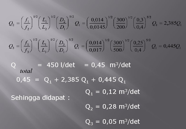 Q = 450 l/det = 0, 45 m 3/det 0, 45 = Q 1