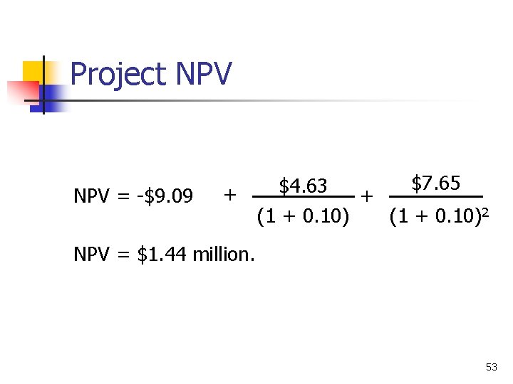 Project NPV = -$9. 09 $7. 65 $4. 63 + + (1 + 0.