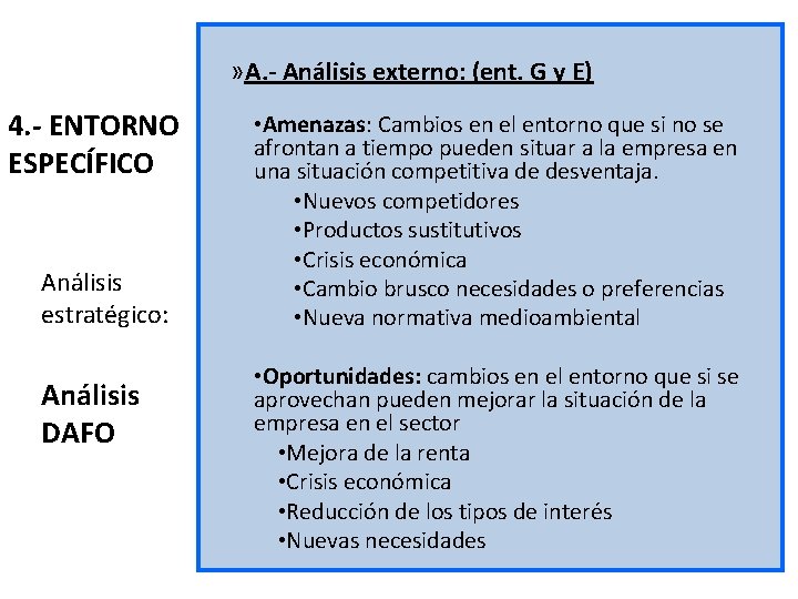 » A. - Análisis externo: (ent. G y E) 4. - ENTORNO ESPECÍFICO Análisis