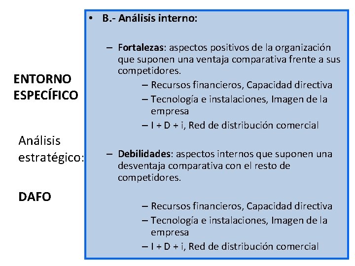  • B. - Análisis interno: ENTORNO ESPECÍFICO Análisis estratégico: DAFO – Fortalezas: aspectos