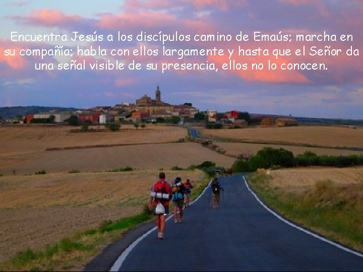 Encuentra Jesús a los discípulos camino de Emaús; marcha en su compañía; habla con Encuentra Jesús a los discípulos camino de Emaús; marcha en su compañía; habla con
