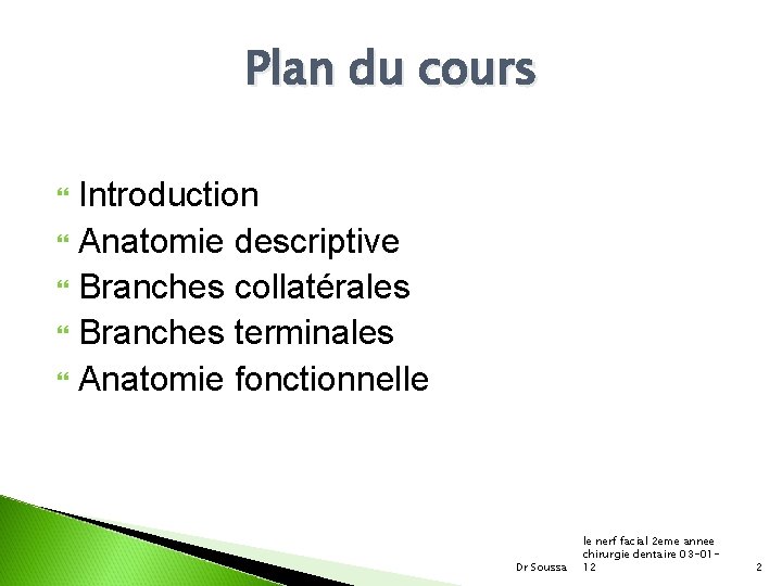 Plan du cours Introduction Anatomie descriptive Branches collatérales Branches terminales Anatomie fonctionnelle Dr Soussa
