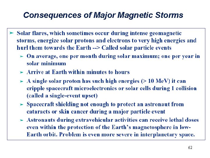 Consequences of Major Magnetic Storms 62 