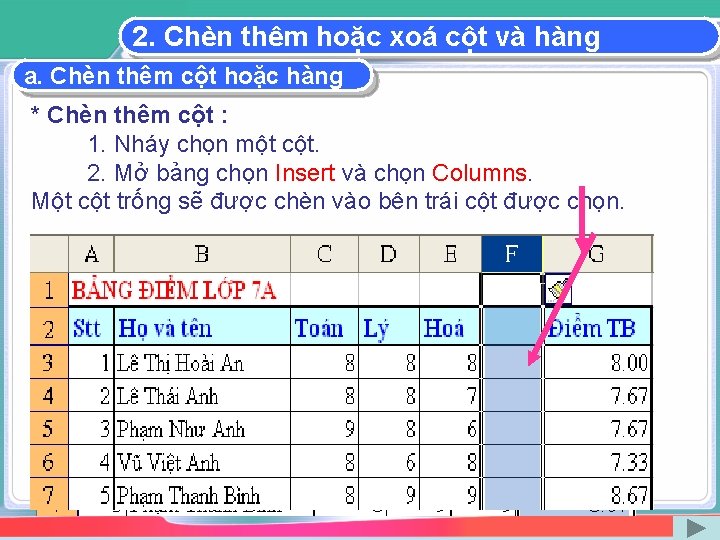 2. Chèn thêm hoặc xoá cột và hàng a. Chèn thêm cột hoặc hàng