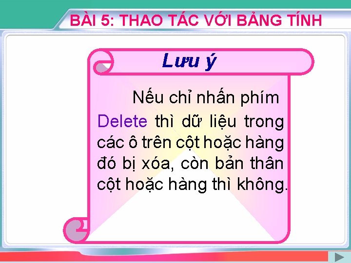 BÀI 5: THAO TÁC VỚI BẢNG TÍNH Lưu ý Nếu chỉ nhấn phím Delete