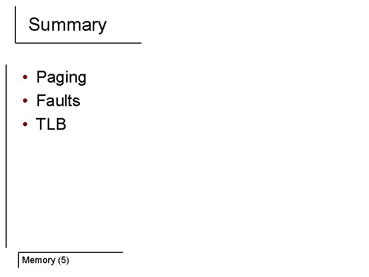 Summary • Paging • Faults • TLB Memory (5) 