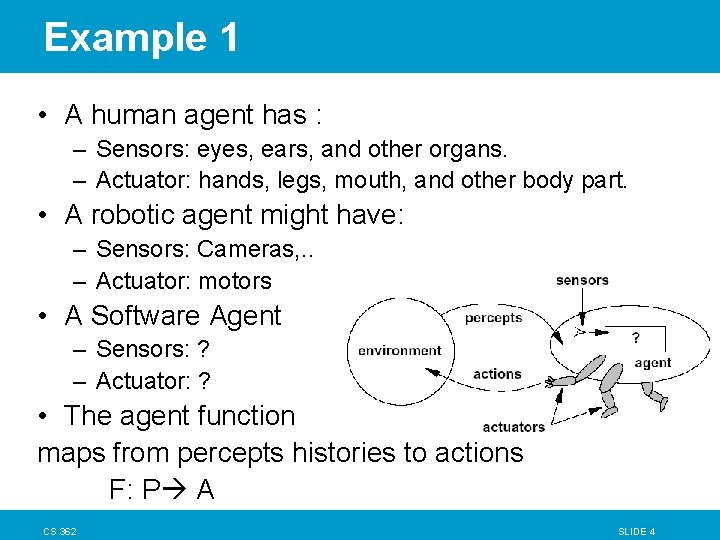 Example 1 • A human agent has : – Sensors: eyes, ears, and other Example 1 • A human agent has : – Sensors: eyes, ears, and other