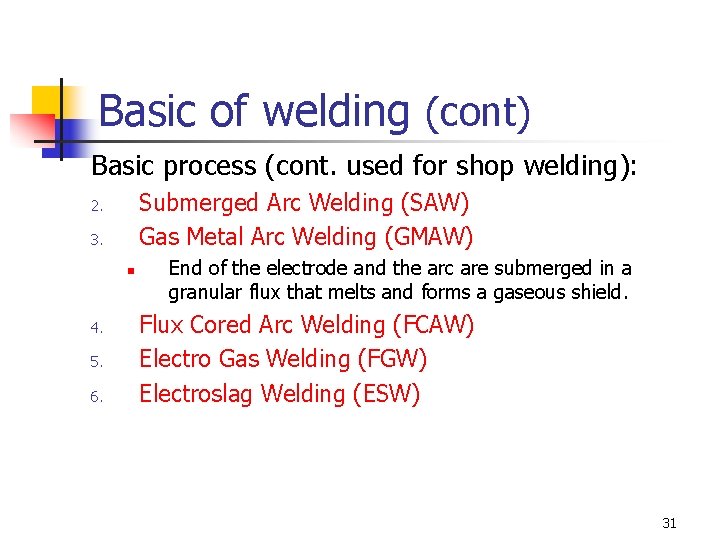 Basic of welding (cont) Basic process (cont. used for shop welding): Submerged Arc Welding