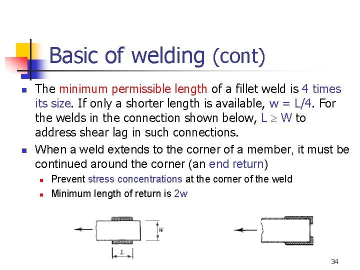 Basic of welding (cont) n n The minimum permissible length of a fillet weld