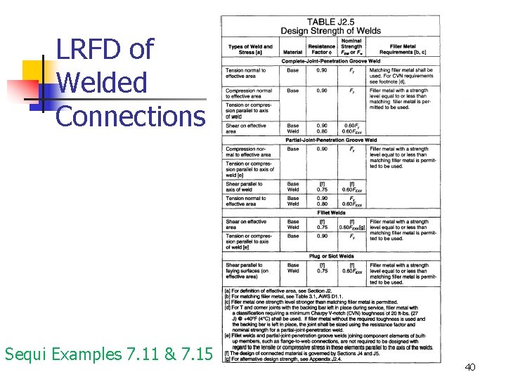 LRFD of Welded Connections Sequi Examples 7. 11 & 7. 15 40 