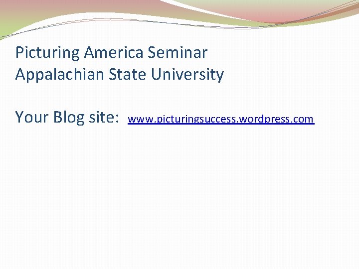 Picturing America Seminar Appalachian State University Your Blog site: www. picturingsuccess. wordpress. com 