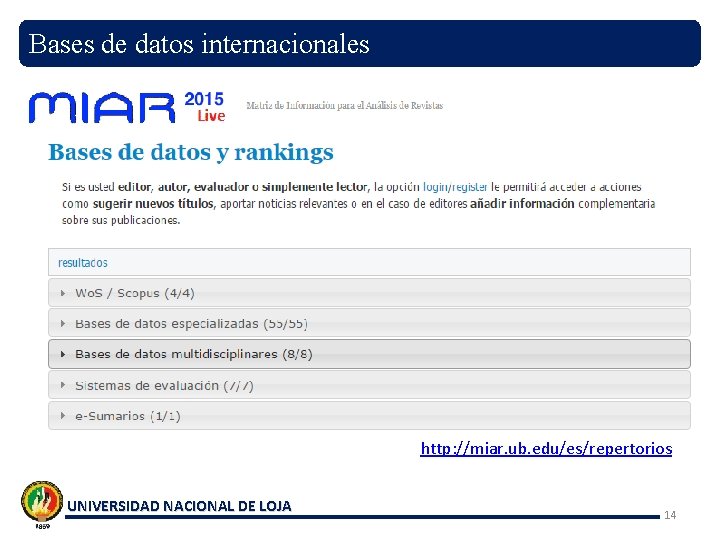 Bases de datos internacionales http: //miar. ub. edu/es/repertorios UNIVERSIDAD NACIONAL DE LOJA 14 