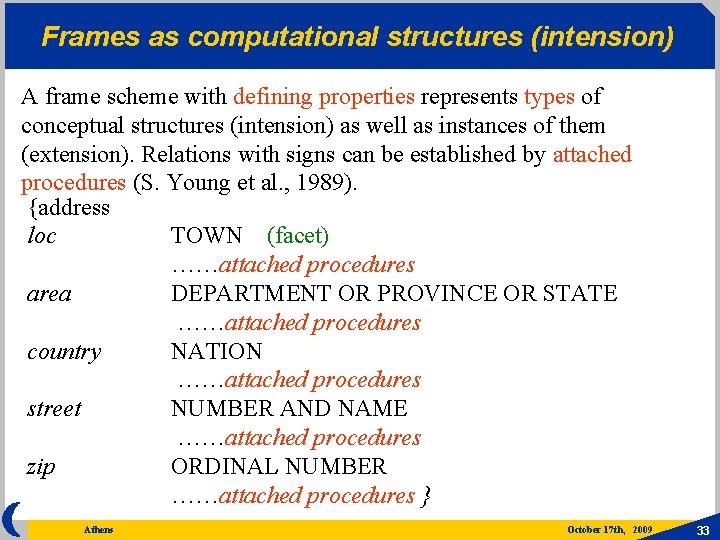 Frames as computational structures (intension) A frame scheme with defining properties represents types of