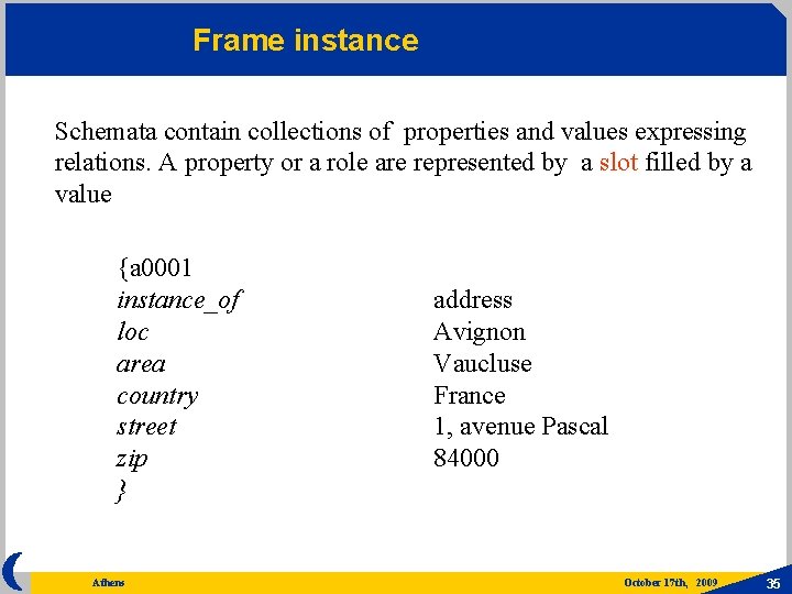 Frame instance Schemata contain collections of properties and values expressing relations. A property or