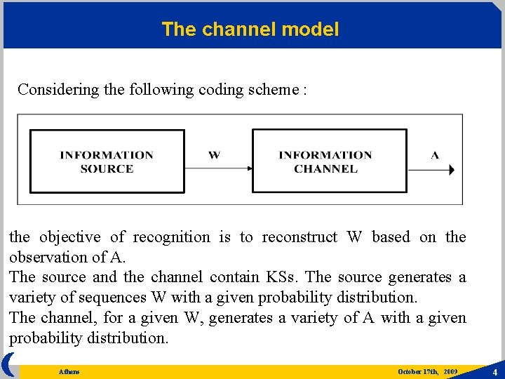 The channel model Considering the following coding scheme : the objective of recognition is
