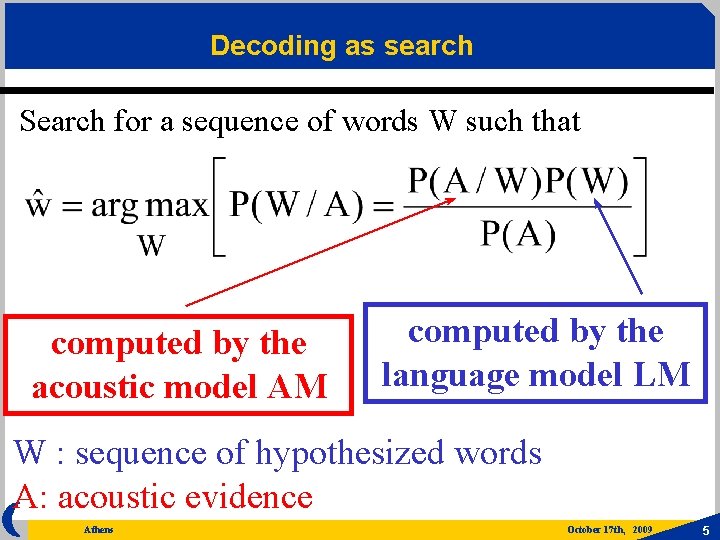 Decoding as search Search for a sequence of words W such that computed by