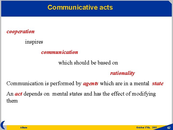 Communicative acts cooperation inspires communication which should be based on rationality Communication is performed