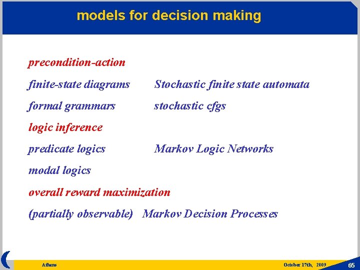 models for decision making precondition-action finite-state diagrams Stochastic finite state automata formal grammars stochastic