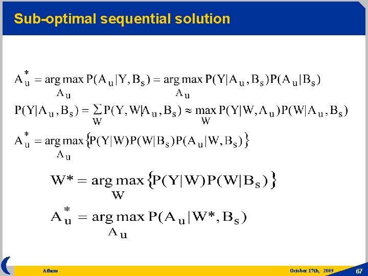Sub-optimal sequential solution Athens October 17 th, 2009 67 