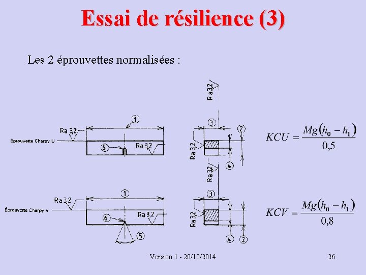 Essai de résilience (3) Les 2 éprouvettes normalisées : Version 1 - 20/10/2014 26