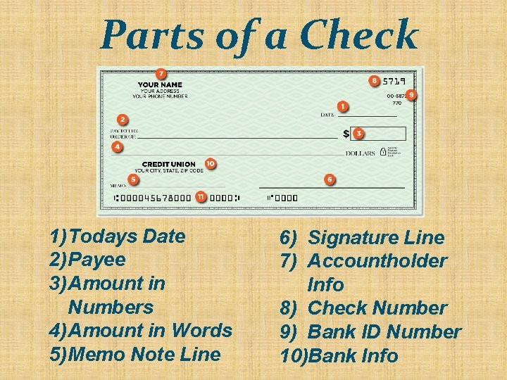 Parts of a Check 1) Todays Date 2) Payee 3) Amount in Numbers 4) Parts of a Check 1) Todays Date 2) Payee 3) Amount in Numbers 4)