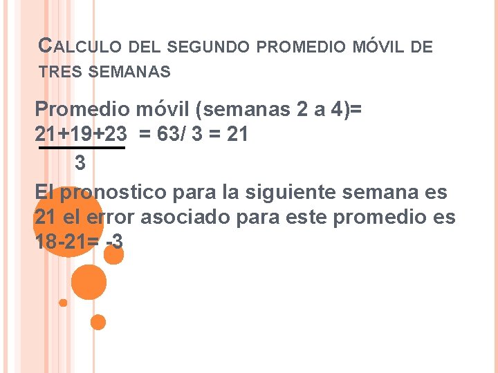 CALCULO DEL SEGUNDO PROMEDIO MÓVIL DE TRES SEMANAS Promedio móvil (semanas 2 a 4)=