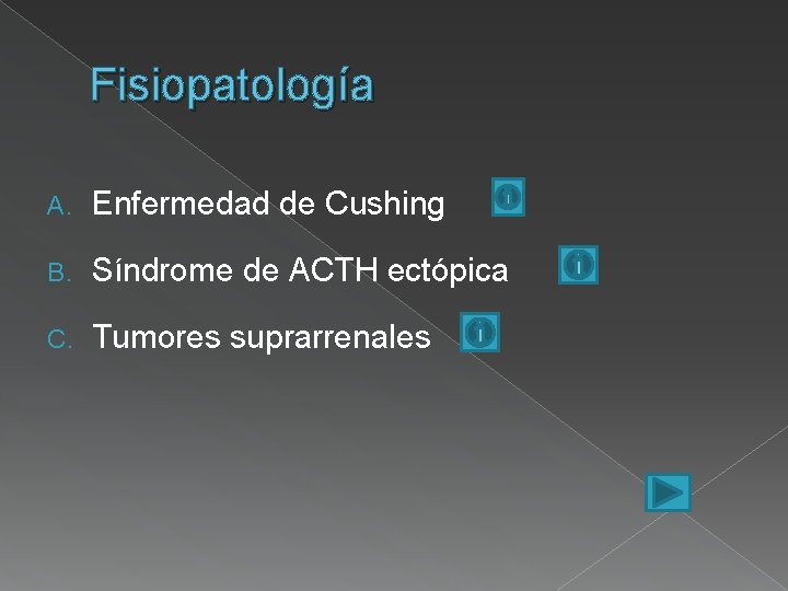 Fisiopatología A. Enfermedad de Cushing B. Síndrome de ACTH ectópica C. Tumores suprarrenales 