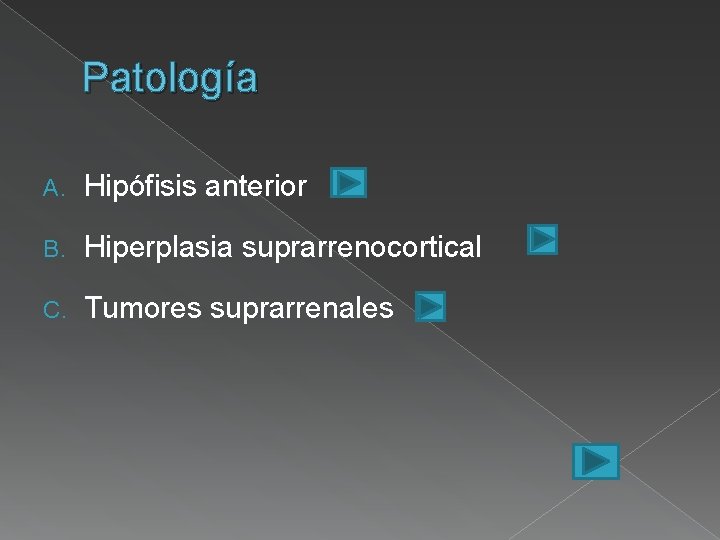 Patología A. Hipófisis anterior B. Hiperplasia suprarrenocortical C. Tumores suprarrenales 