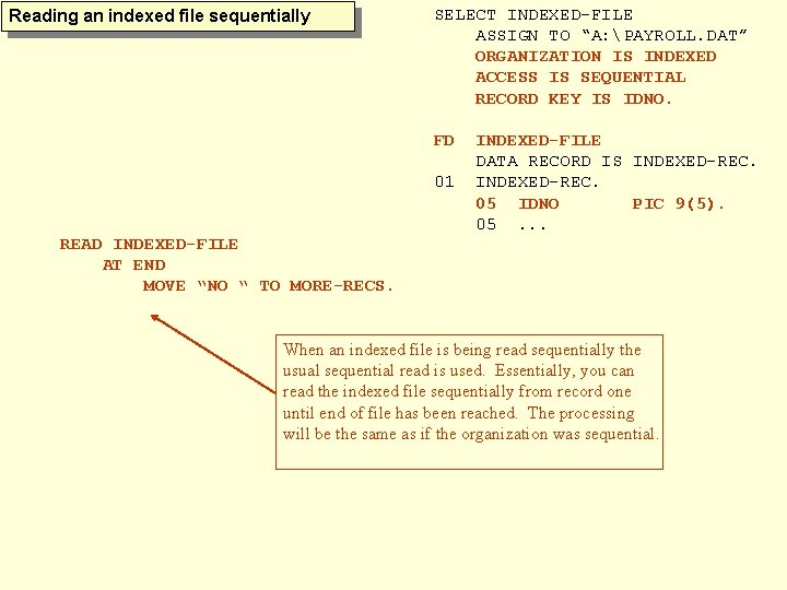 Reading an indexed file sequentially SELECT INDEXED-FILE ASSIGN TO “A: PAYROLL. DAT” ORGANIZATION IS
