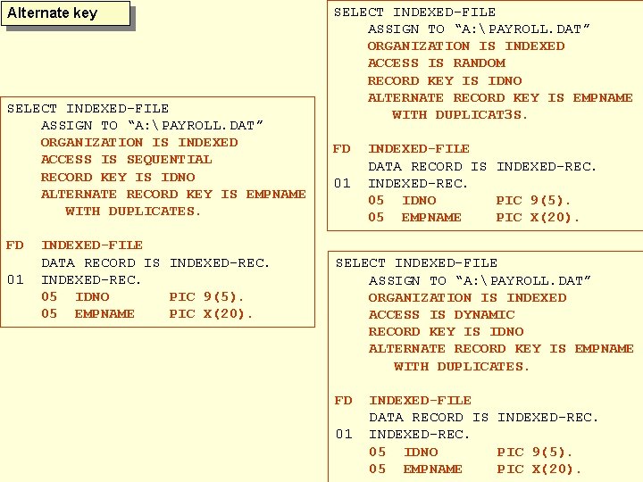Alternate key SELECT INDEXED-FILE ASSIGN TO “A: PAYROLL. DAT” ORGANIZATION IS INDEXED ACCESS IS