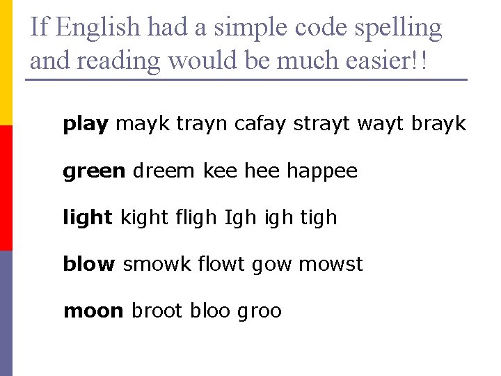 If English had a simple code spelling and reading would be much easier!! play