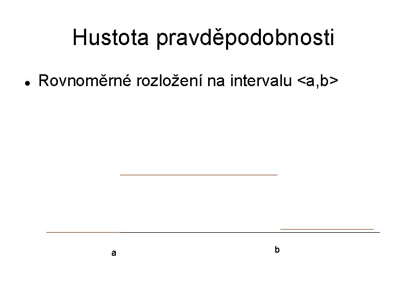 Hustota pravděpodobnosti Rovnoměrné rozložení na intervalu <a, b> a b 