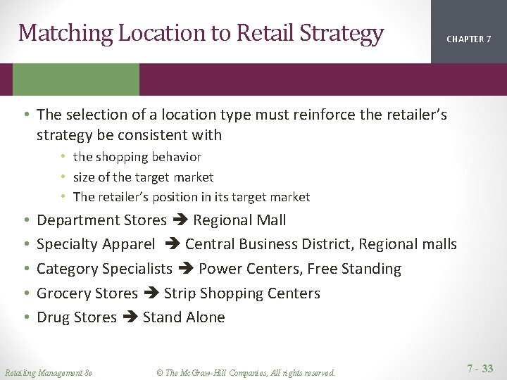 Matching Location to Retail Strategy CHAPTER 1 2 7 • The selection of a Matching Location to Retail Strategy CHAPTER 1 2 7 • The selection of a