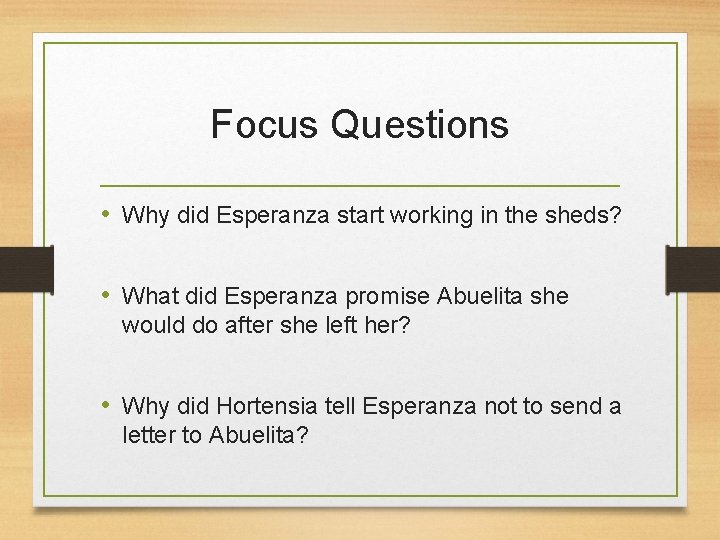 Focus Questions • Why did Esperanza start working in the sheds? • What did