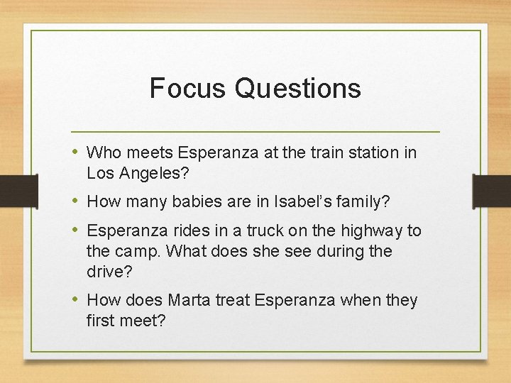 Focus Questions • Who meets Esperanza at the train station in Los Angeles? •