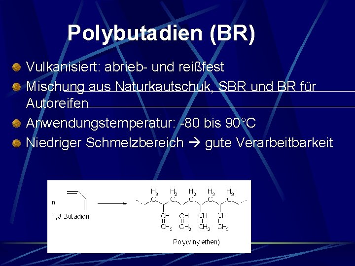Polybutadien (BR) Vulkanisiert: abrieb- und reißfest Mischung aus Naturkautschuk, SBR und BR für Autoreifen Polybutadien (BR) Vulkanisiert: abrieb- und reißfest Mischung aus Naturkautschuk, SBR und BR für Autoreifen
