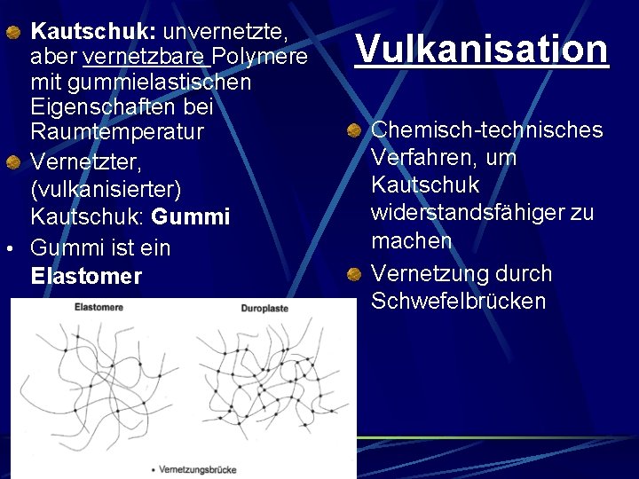 Kautschuk: unvernetzte, aber vernetzbare Polymere mit gummielastischen Eigenschaften bei Raumtemperatur Vernetzter, (vulkanisierter) Kautschuk: Gummi Kautschuk: unvernetzte, aber vernetzbare Polymere mit gummielastischen Eigenschaften bei Raumtemperatur Vernetzter, (vulkanisierter) Kautschuk: Gummi