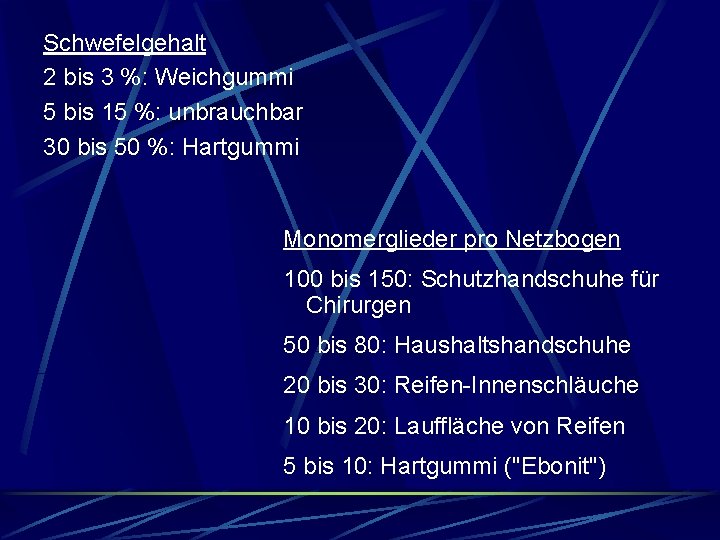 Schwefelgehalt 2 bis 3 %: Weichgummi 5 bis 15 %: unbrauchbar 30 bis 50 Schwefelgehalt 2 bis 3 %: Weichgummi 5 bis 15 %: unbrauchbar 30 bis 50
