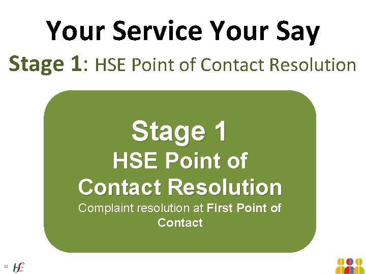 Your Service Your Say Stage 1: HSE Point of Contact Resolution Stage 1 HSE