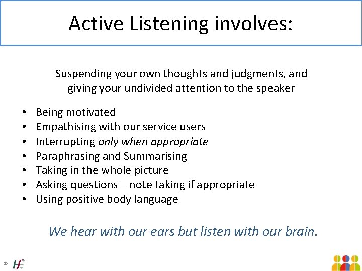 Active Listening involves: Suspending your own thoughts and judgments, and giving your undivided attention Active Listening involves: Suspending your own thoughts and judgments, and giving your undivided attention