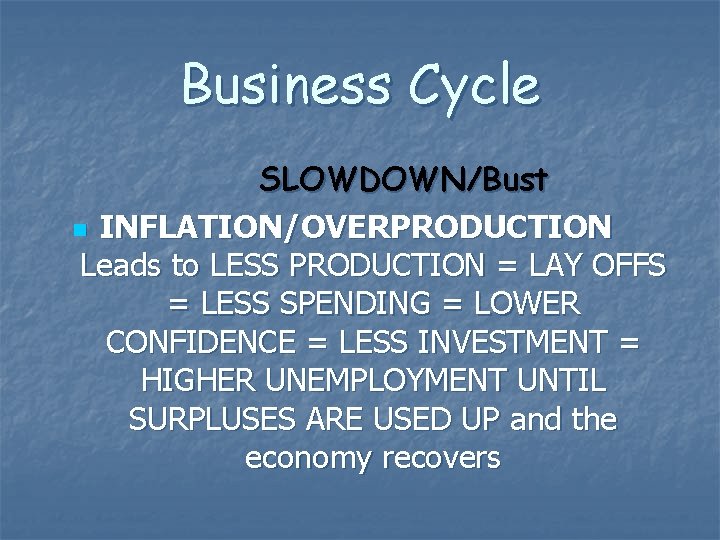 Business Cycle SLOWDOWN/Bust n INFLATION/OVERPRODUCTION Leads to LESS PRODUCTION = LAY OFFS = LESS