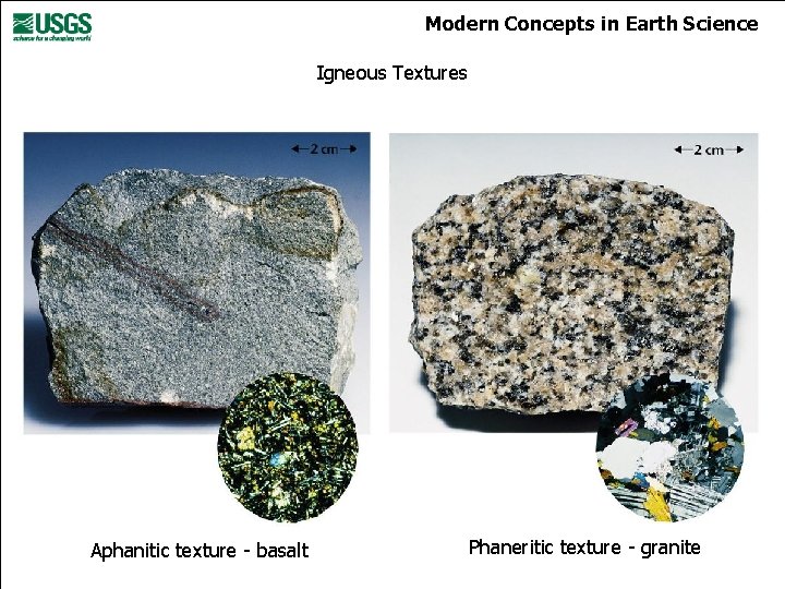 Modern Concepts in Earth Science Igneous Textures Aphanitic texture - basalt Phaneritic texture -