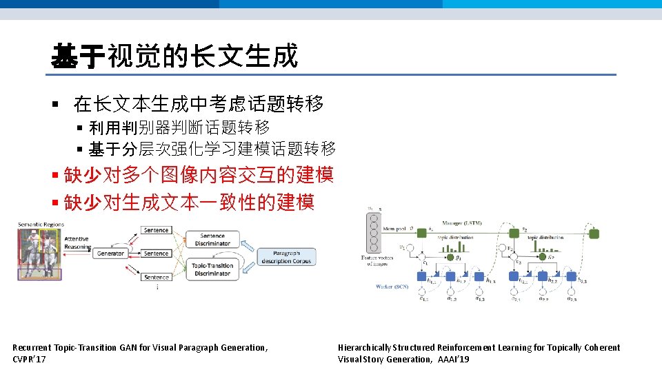 基于视觉的长文生成 § 在长文本生成中考虑话题转移 § 利用判别器判断话题转移 § 基于分层次强化学习建模话题转移 § 缺少对多个图像内容交互的建模 § 缺少对生成文本一致性的建模 Recurrent Topic-Transition GAN 基于视觉的长文生成 § 在长文本生成中考虑话题转移 § 利用判别器判断话题转移 § 基于分层次强化学习建模话题转移 § 缺少对多个图像内容交互的建模 § 缺少对生成文本一致性的建模 Recurrent Topic-Transition GAN