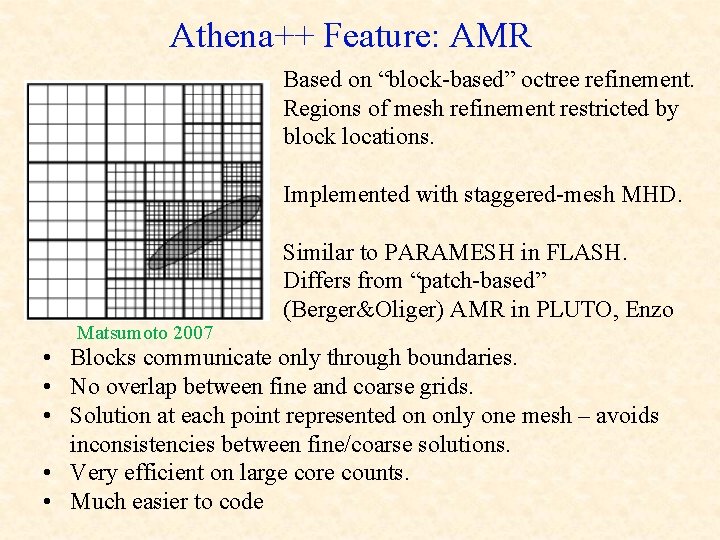 Athena++ Feature: AMR Based on “block-based” octree refinement. Regions of mesh refinement restricted by