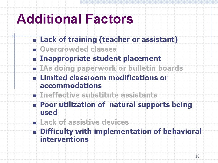 Additional Factors n n n n n Lack of training (teacher or assistant) Overcrowded